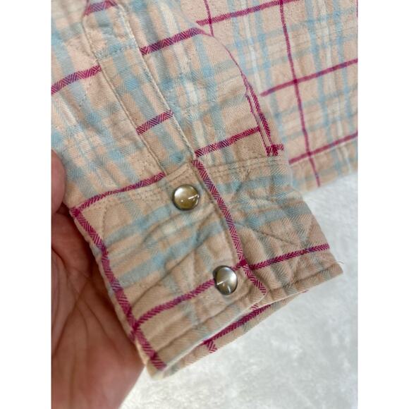 Quilted Plaid Shacket Jacket Womens Medium Pearl Snaps Western Hooded Peach‎ - Picture 6 of 14